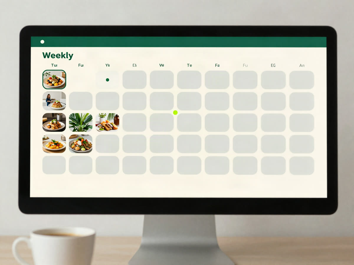 A desktop monitor showing a weekly content calendar with scheduled post tiles